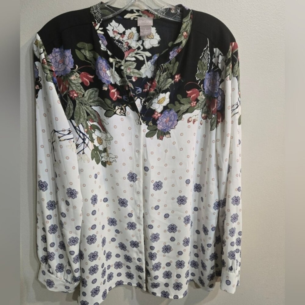 Chico's Black and White Floral Blouse Size 2 U.S.Size 12/14